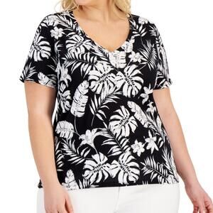 NWT INC International Concepts Plus Size Cotton V Neck Tee Tayler Tropical 1X